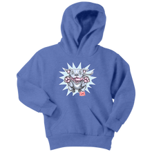 Load image into Gallery viewer, Front view of a youth blue hoodie featuring the OMG Blue Nose Pit Bull design