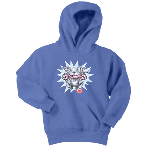 Front view of a youth blue hoodie featuring the OMG Blue Nose Pit Bull design
