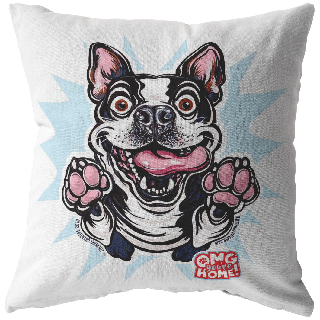 an soft pillow with the OMG Boston Terrier printed on the front