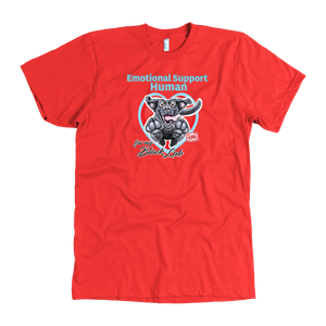 a  bright red OMG You're Home t-shirt featuring the Emotional Support Human for my Black Labrador Retriever design on the front in full color