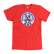 Load image into Gallery viewer, A men&#39;s bright red t-shirt featuring the original OMG You&#39;re Home Boston Terrier dog design on the front