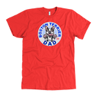 A men's bright red t-shirt featuring the original OMG You're Home Boston Terrier dog design on the front
