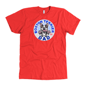 A men's bright red t-shirt featuring the original OMG You're Home Boston Terrier dog design on the front