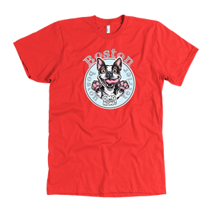 Red American Apparel dog lovers t-shirt featuring the Boston Terrier dog design by OMG You're Home