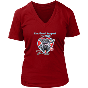 a womens red v-neck by District featuring the OMG You're Home! Black Labrador Retriever dog design on the front. 