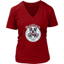 Load image into Gallery viewer, a red v neck tee with the OMG Boston Terrier dog design on the front