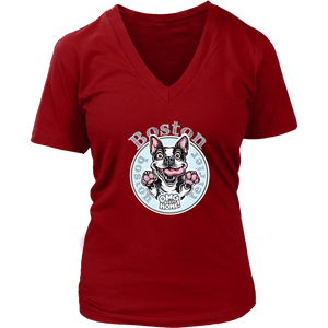 a red v neck tee with the OMG Boston Terrier dog design on the front