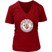 Load image into Gallery viewer, a women&#39;s red v-neck shirt with the OMG You&#39;re Home! Yorkie dog mom design on the front with pink letters