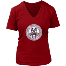 Load image into Gallery viewer, A women&#39;s red v-neck shirt from OMG You&#39;re Home! with the Boston Terrier dog Mom design on the front in pink letters