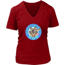 Load image into Gallery viewer, a women&#39;s red v-neck shirt featuring the original artwork by OMG You&#39;re Home! The German Shepherd dog mom design is on the front in full color. 