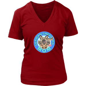 a women's red v-neck shirt featuring the original artwork by OMG You're Home! The German Shepherd dog mom design is on the front in full color. 