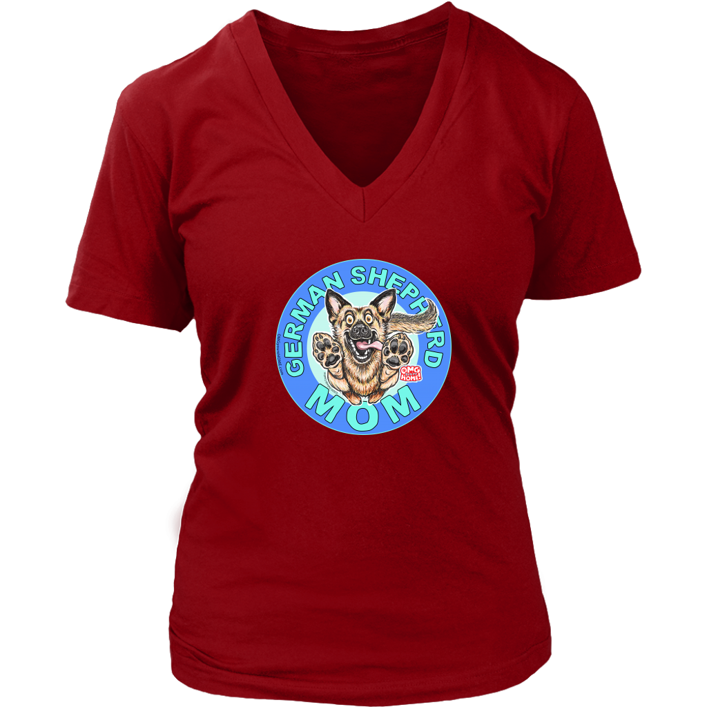 a women's red v-neck shirt featuring the original artwork by OMG You're Home! The German Shepherd dog mom design is on the front in full color. 