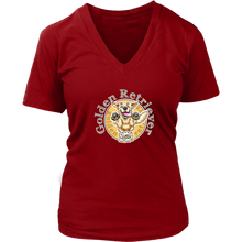 Load image into Gallery viewer, a red v neck shirt with a golden retriever design on the front