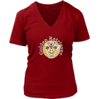 a red v neck shirt with a golden retriever design on the front