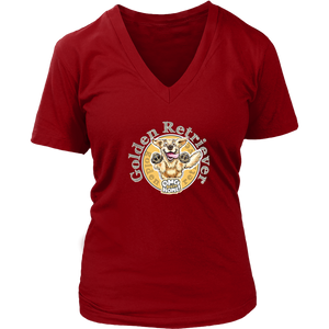 a red v neck shirt with a golden retriever design on the front