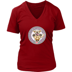 A womens red V-Neck by District features the original Golden Retriever dog artwork by OMG You're Home! This collection is dedicated to those of us who love and support rescues.