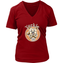 Load image into Gallery viewer, red v neck shirt with a yorkie drawing on the front