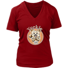 red v neck shirt with a yorkie drawing on the front