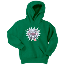 Load image into Gallery viewer, Front view of a youth green hoodie featuring the OMG Blue Nose Pit Bull design