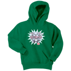 Front view of a youth green hoodie featuring the OMG Blue Nose Pit Bull design