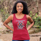 a woman in a red tank featuring the Boston Terrier dog design in the Emotional Support Human collection. Great gift idea for the Bostie dog lover. 