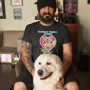 smiling man with his dog wearing a Gildan Mens T-Shirt featuring the OMG You're Home Golden Retriever dog design with Emotional Support Human above the dog. 