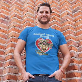 a man wearing a blue Next Level Mens Triblend featuring the OMG You're Home Emotional Support Human - Golden Retriever dog design. 
