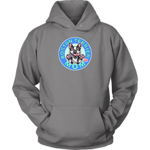 Load image into Gallery viewer, front view of a light grey hoodie featuring the OMG Boston Terrier dog mom design in full color