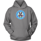 front view of a light grey hoodie featuring the OMG Boston Terrier dog mom design in full color