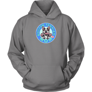 front view of a light grey hoodie featuring the OMG Boston Terrier dog mom design in full color