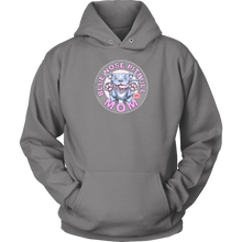 Load image into Gallery viewer, This comfy light grey hoodie features the OMG Blue Nose Pitbull Mom design on the front in full vibrant color. 