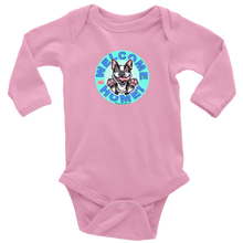 Load image into Gallery viewer, a pink long sleeve baby bodysuit with the OMG Boston Terrier welcome home design