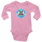 a pink long sleeve baby bodysuit with the OMG Boston Terrier welcome home design