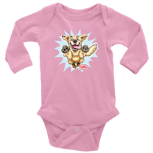 Load image into Gallery viewer, A pink long-sleeve onesie featuring the original happy and excited Golden Retriever on the front