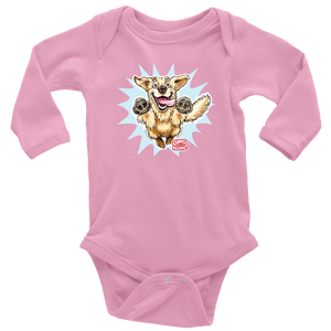 A pink long-sleeve onesie featuring the original happy and excited Golden Retriever on the front