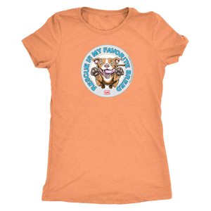 front view of a women's coral triblend shirt featuring original Red Nose Pitbull rescue artwork by OMG You're HOME!