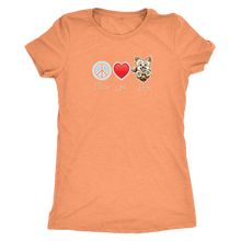 Load image into Gallery viewer, light orange Next Level Triblend Shirt featuring the Peace Love Yorkie dog design from OMG You&#39;re HOME!