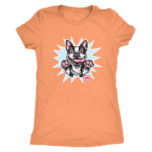 a light orange Next Level Womens Triblend featuring the OMG You're Home Boston Terrier dog design in full color on the front. 