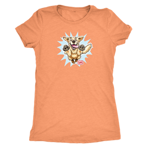 A women's light orange tee featuring the OMG You're Home! Golden Retriever design