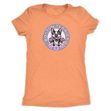 Load image into Gallery viewer, a woman&#39;s orange shirt with the Boston Terrier dog Mom design on the front on pink letters