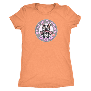 a woman's orange shirt with the Boston Terrier dog Mom design on the front on pink letters