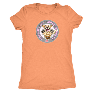 a women's orange t-shirt featuring the original Golden Retriever dog artwork by OMG You're Home! This collection is dedicated to those of us who love and support rescues.