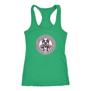 A green Next Level Racerback Tank featuring the OMG You're Home! Boston Terrier design with "Rescue is my favorite breed"