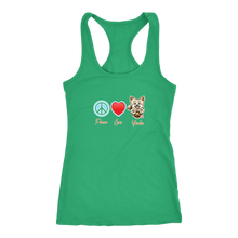 Load image into Gallery viewer, Green Next Level Racerback Tank featuring the Peace Love Yorkie dog design from OMG You&#39;re HOME!