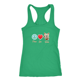 Green Next Level Racerback Tank featuring the Peace Love Yorkie dog design from OMG You're HOME!