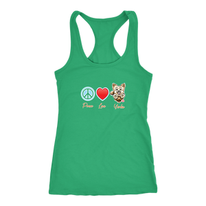 Green Next Level Racerback Tank featuring the Peace Love Yorkie dog design from OMG You're HOME!