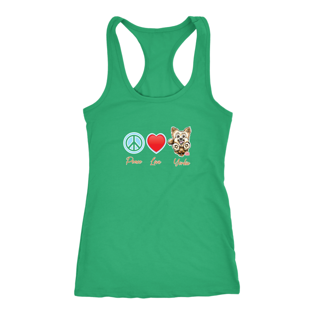 Green Next Level Racerback Tank featuring the Peace Love Yorkie dog design from OMG You're HOME!