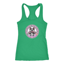 Load image into Gallery viewer, A soft green Next Level Racerback Tank featuring the OMG You&#39;re Home Boston Terrier Dog Mom design on the front in full vibrant color. 