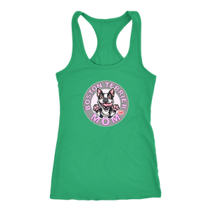 A soft green Next Level Racerback Tank featuring the OMG You're Home Boston Terrier Dog Mom design on the front in full vibrant color. 