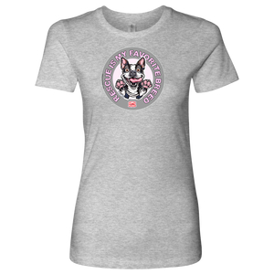 Next Level Womens heather grey Shirt featuring the OMG You're Home! Boston Terrier design with "Rescue is my favorite breed"